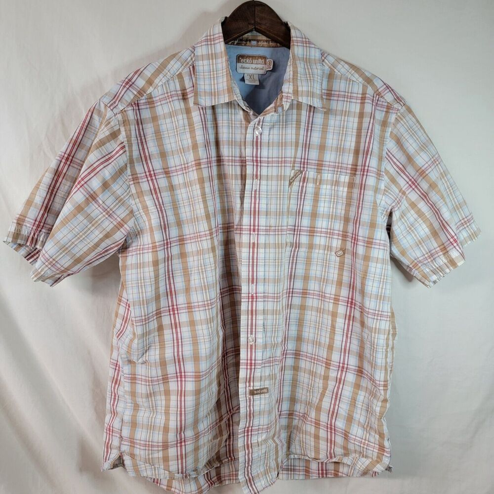 Vtg ECKO UNLIMITED SHIRT MEN XL MADRAS PLAID SHORT SLEEVE Pre Owned